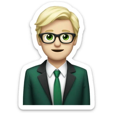 Show me a cold blue eyed dude with blonde hair, white glasses, pale white skin and a very very dark green suit that looks like it's black that also contains a green cross in it sticker