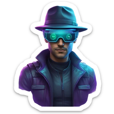 Secret human agent in a hat with  cyberpunk elements in VR googles scanning looking reviewing multicolor lines of code, cyan and purple colors, only upper body portrait sticker