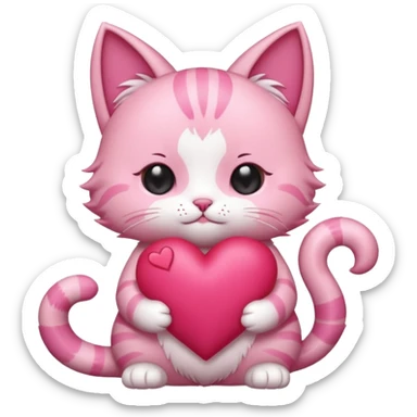 chibi anime pink cat holding a big heart sticker