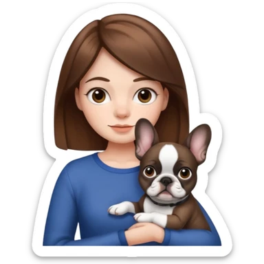 Make a girl with brown hair hold a white and black French bulldog sticker