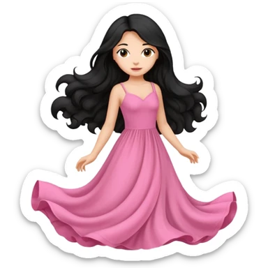 Uma menina com vestido longo rosa e cabelo longo preto ondulado sticker
