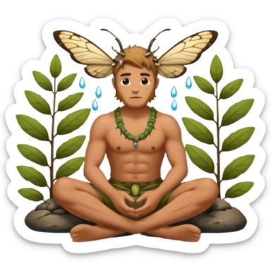 full body tan skin druid man sitting in stream, back muscles wet, moth swarm sticker
