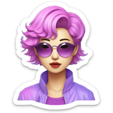 a short-haired Taiwanese lesbian as a designer with vaporwave style, without makeup, with earings, sunglasses with vaporwave image on it. sticker