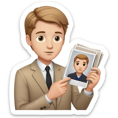 white male journalist with light brown hair, holding photos, examining pictures, curious look sticker