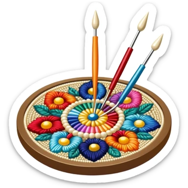 Create a harmonious and well-composed icon that represents the hobby of beadwork. The design should feature colorful beads, thread, and a beading needle or tool in a balanced arrangement. The elements should flow naturally, reflecting the creativity and precision of the craft. Ensure the composition is clean and aesthetically pleasing, with vibrant yet balanced colors. The background should be transparent. sticker