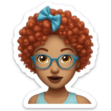 a curvy girl with curly red hair and blue glasses blowing a kiss sticker