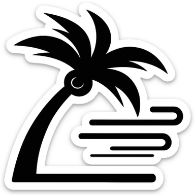 Make the minimalist palm tree in heavy wind more dramatic: trunk and leaves at extreme angles, bold motion lines, keep the background transparent. Style: minimalist palm tree in heavy wind with bold motion lines and extreme angles. sticker