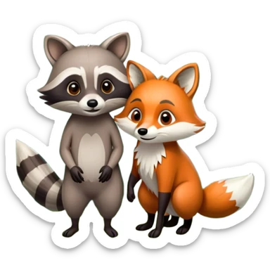 Collage of a raccoon and a fox, in close-up, set in a beautiful forest with tall trees, green bushes, and sunlight filtering through the leaves and flowers. A vibrant, wild atmosphere with a transparent background. sticker