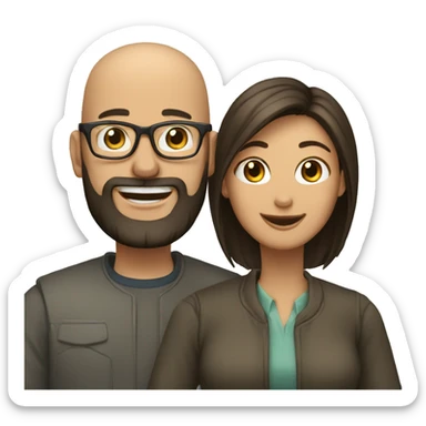 a couple, a man is bald and wearing glasses and beard. The woman has  dark, long  hair and smiling showing teeth. The woman is not wearing glasses. sticker