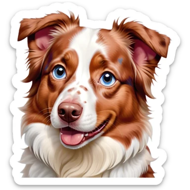 Cinematic Comical Predominantly White Red Merle Australian Shepherd Portrait Emoji, Head tilted dramatically with an exaggeratedly shocked or offended expression, predominantly white fur with distinctive red merle patches, wide, expressive blue eyes filled with exaggerated disbelief, Simplified yet hilariously expressive features, highly detailed, glowing with a slightly sassy glow, high shine, dramatic yet playful, stylized with an air of attitude, bright and endearing, soft glowing outline, capturing the essence of a sassy and over-the-top pup, so meme-worthy it feels like it could side-eye its way into internet fame instantly! sticker