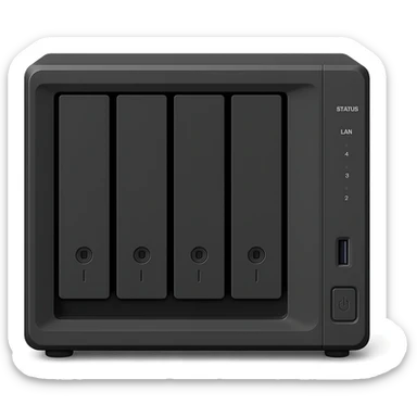generic 4 bay NAS device, simple, front view, minimal design sticker