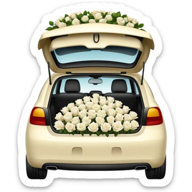 car with trunk open, overflowing with white roses, emoji style sticker