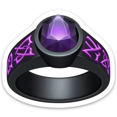 A Obsidian ring, With a glowing dark magical crystal in the center, with intricate pagan runes carved into the sides that glow purple sticker