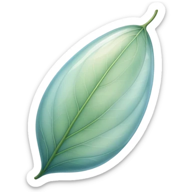 delicate cocoon-shaped leaf, translucent texture, soft curved lines, floating with light aura, gentle green-blue hues, warm earth undertones sticker