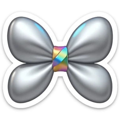 A cute bow emoji made of polished silver chrome, smooth rounded loops, glossy metallic surface, soft mirror reflections, subtle highlights, minimal and adorable proportions, iOS emoji style, centered composition, clean white background, soft studio lighting, no text, no outline, ultra high quality sticker