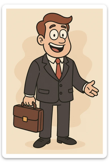 a cheerful salesman holding a briefcase, wearing a suit and tie, smiling, cartoon style sticker
