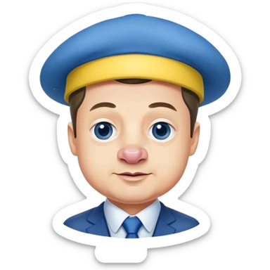 President Zelensky's head on a pig body wearing a yellow and blue hat sticker