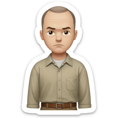 Carl from Sling Blade, serious expression, recognizable features, chin sticking out, slouching posture, no glasses, shirt with collar,  side view,show his entire body, he is standing. three-quarter face angle. He sticks his head forward sticker