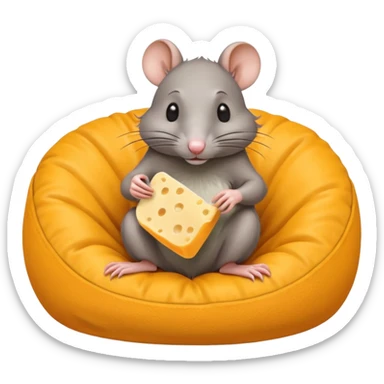rat sitting in bean bag chair while eating cheese sticker