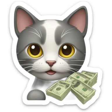 A cat holding lots of money facing the camera sticker