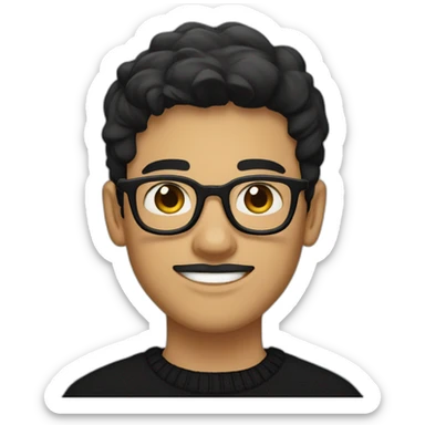 a light skin Pakistani teenager, wearing round glasses, short moustache, black straight hair, black jumper/sweater, structured manly face sticker