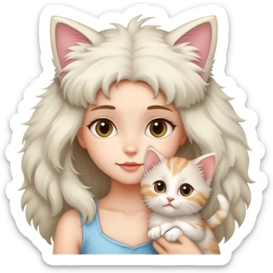 There's a fluffy kitten on a girl's head, its tail wagging gently. sticker