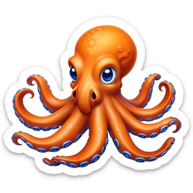 Cinematic Realistic Comical Octopus Portrait Emoji, Head tilted dramatically with an exaggeratedly amused expression, featuring a striking, glossy orange body adorned with bold blue rings and wide, expressive eyes brimming with playful disbelief; rendered with vivid natural textures and dynamic highlights, high shine, dramatic yet playful, styled with an air of cheeky ocean mischief, soft glowing outline, capturing the essence of a spirited and over‐the‐top octopus that looks ready to squirt ink its way into viral fame! sticker