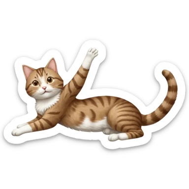 brown tabby and white cat with doing a big extremely long stretch reaching up into the air with arms and legs side by side together straight and overextended whilst lying on its side sticker