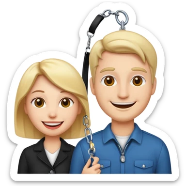 fun, exaggerated emoji of a woman with a man on a leash, both characters looking happy, no background sticker