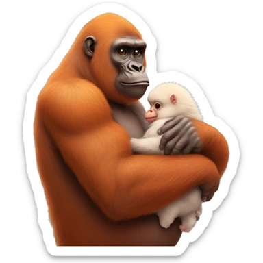 An orange gorilla holding a cute baby hen sticker