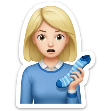 woman with stinky socks in her hands sniffing sticker