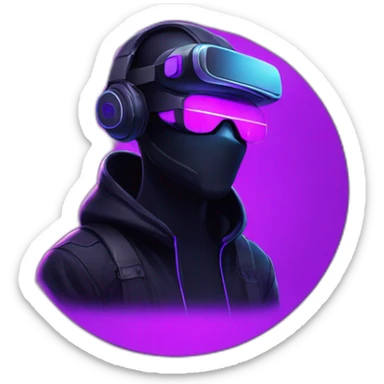 Russian man in the black hoody with violet OMG VR logo on it wearing vr headset. Cyberpunk style. Violet neon. sticker