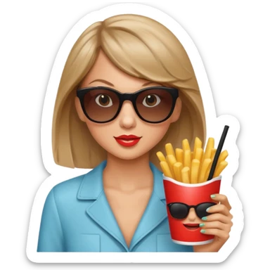Taylor Swift, wearing sun glasses,  holding a cup of fries





































 sticker