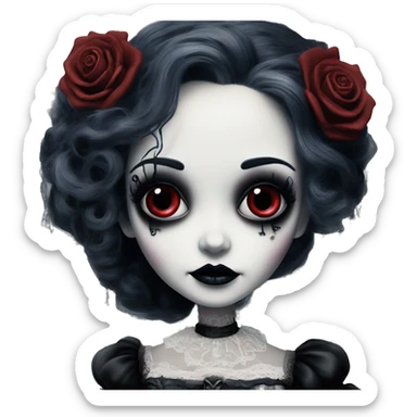 tim burton corpse bride, porcelain doll with a cracked face, goth makeup, long hair, lace and ruffles, lolita style, inked, black and white, red roses sticker