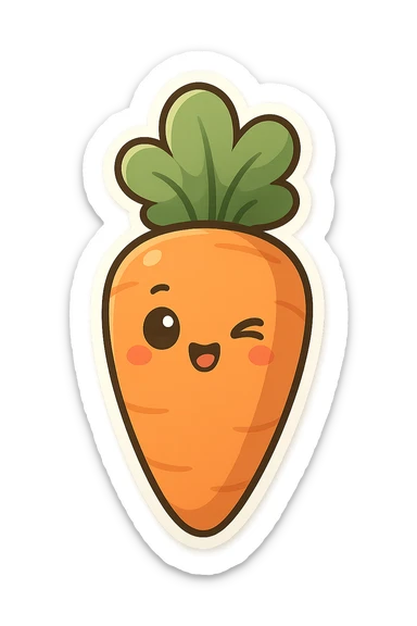 chibi sticker-style carrot, cute and exaggerated, with a playful wink and a leafy top sticker