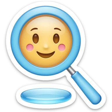 A 3D emoji-style magnifying glass, smooth rounded shapes, soft gradient blue ring, glossy plastic material, subtle highlights and reflections, simple minimal design, pastel blue color, slightly thick proportions, soft lighting, clean white background, modern emoji aesthetic, centered composition sticker