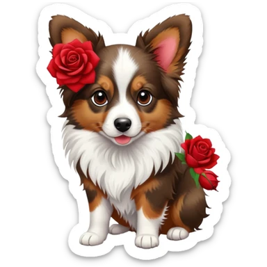 Mini aussie papillon mix with a red rose sticker