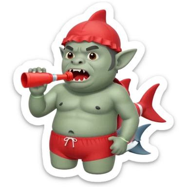 orc male in shark floatie, blowing whistle. Red swim trunks sticker