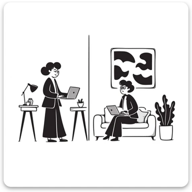 Flat illustration of a cozy mid-century living room with two people working on laptops, one man standing at a desk and one woman sitting on a couch, warm tones, two walls and floor visible sticker