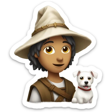 young medieval pilgrim with hat and white little dog sticker