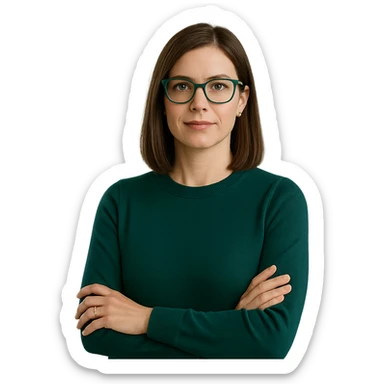 female CEO wearing an emerald green sweater, medium-length straight brown hair, emerald green glasses, business setting sticker
