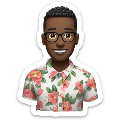 Black man with High top fade and bush eyebrows, floral shirt and glasses with AirPods. Missing 1 front tooth sticker