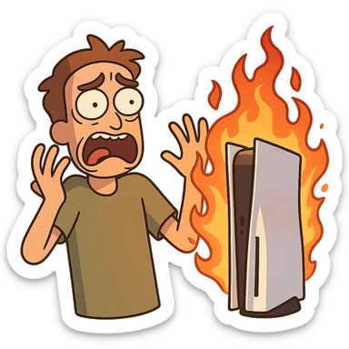 PS5 console on fire, dramatic lighting, vibrant colors sticker