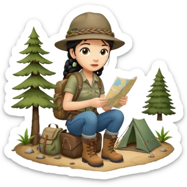 A braid black hair backpacking woman checking her map with curious eyes while walking wear camping hat and dirt covered boots full body sticker