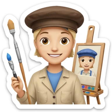 emoji of a professional painter, painting on an easel, wearing a painter's hat, happy sticker