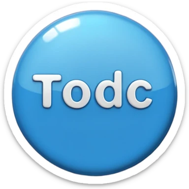 A glossy, three-dimensional emoji pin badge showing the text "TODOC". The font is modern, rounded, sans-serif, and colored in a professional medical blue. The badge has soft edges and reflections, in the style of Apple emojis. White background. sticker