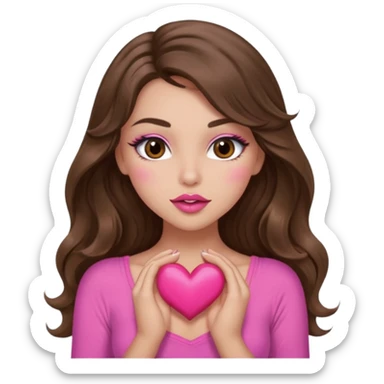 girl with long wavy brown hair, brown eyes, long lashes makeup, sexy pink lips, light to medium complexion, wearing a pink sexy top, sexy , puckering, blushing, kissing a heart sexy sticker
