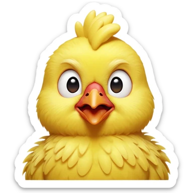 Cinematic Comical Yellow Baby Chicken Portrait Emoji, Head tilted dramatically with an exaggeratedly amused expression, featuring a striking, fluffy yellow downy coat with a tiny quirky red comb, wide, expressive beady eyes filled with playful disbelief, Simplified yet hilariously expressive features, highly detailed, glowing with a slightly sassy glow, high shine, dramatic yet playful, stylized with an air of cheeky mischief, bright and endearing, soft glowing outline, capturing the essence of a spirited and over-the-top chick, so meme-worthy it feels like it could peep its way into internet fame instantly! sticker