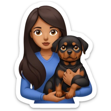 Latina with long dark brown hair holding her pet Rottweiler sticker