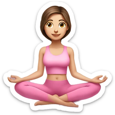 Brunette long hair and blue eyes yoga beautiful girl in light pink pink pink clothes sitting on a yoga mat sticker